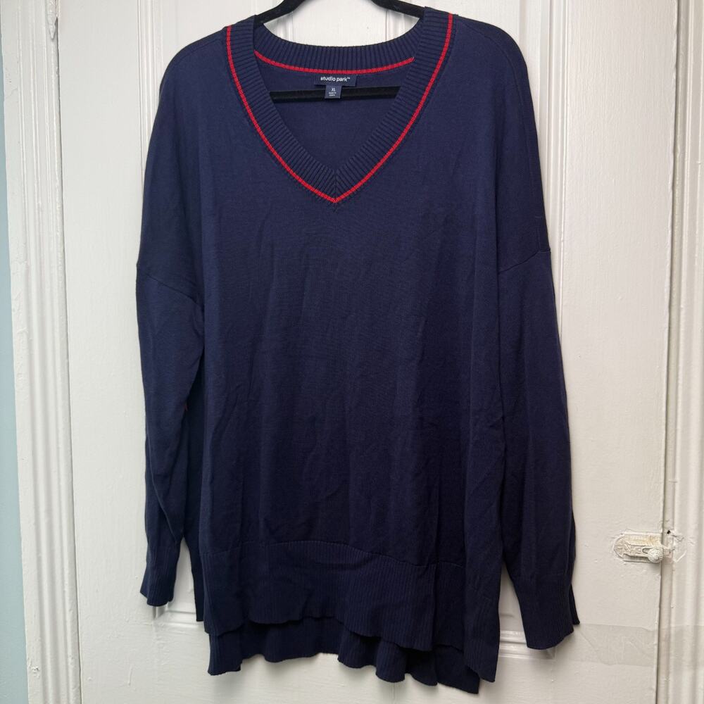 Studio Park x Amy Stran V-Neck Heart Sleeve Sweater Womens XL Navy Blue Red NWOT